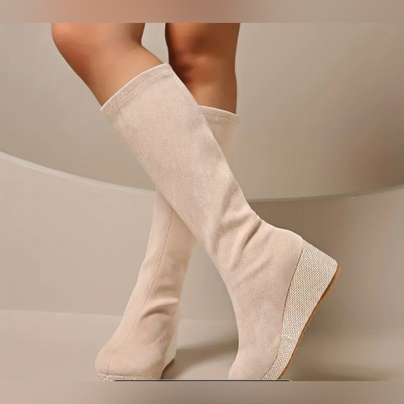 Halo & Harley Shoes - Chic Beige Knee-High Wedge Boots
